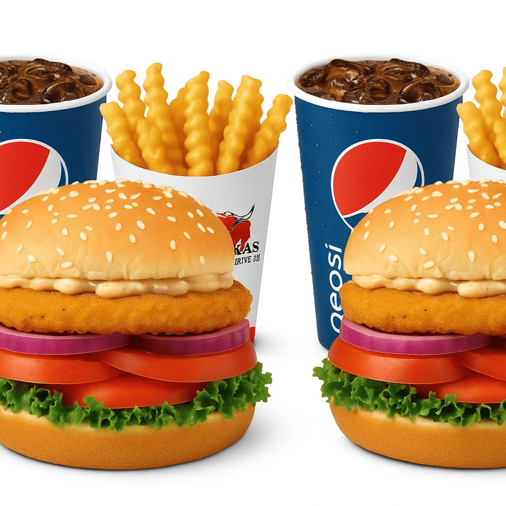 2 Chicken Sandwiches, 2 Fries & 2 Drinks.