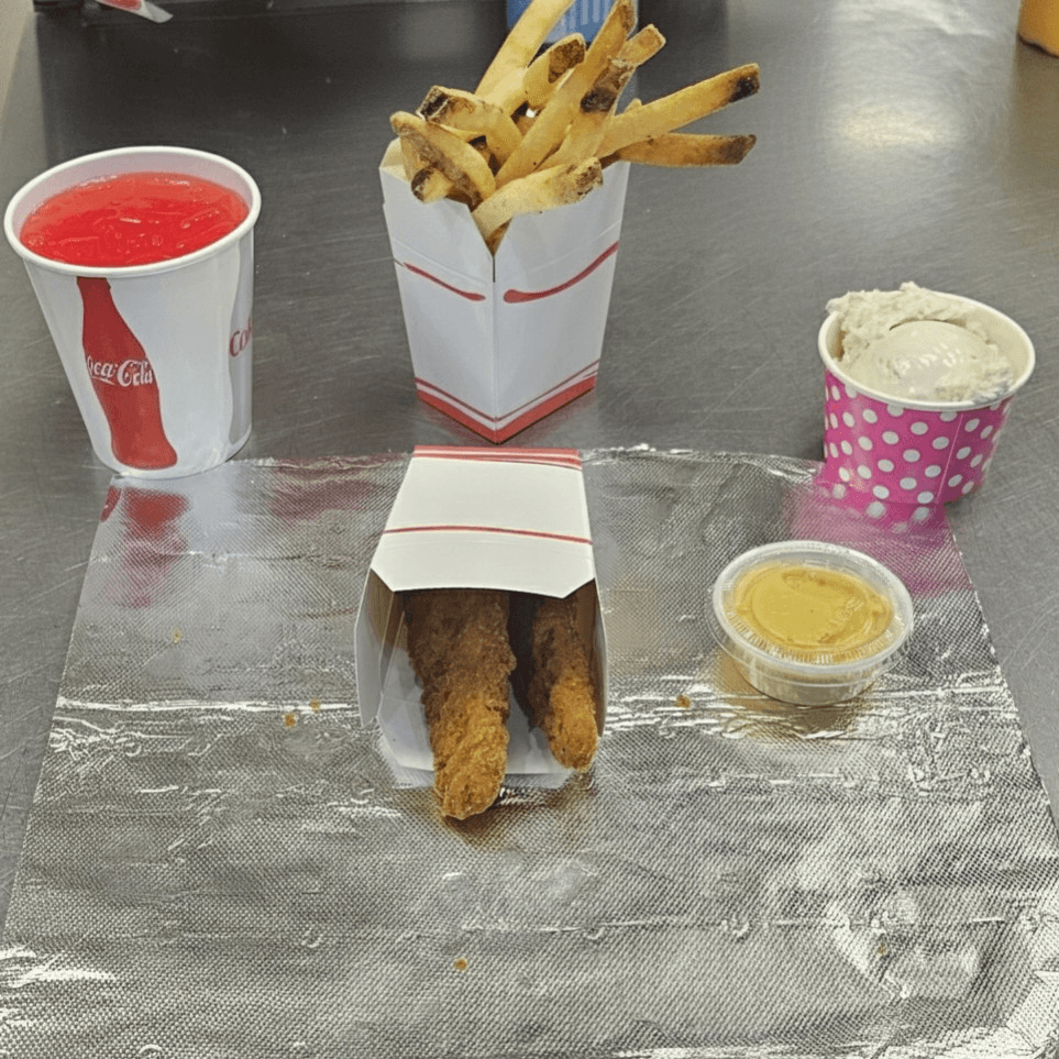 Kids Chicken Tenders (2pc)  FRIES, KIDS DRINK, KIDS ICECREAM.
