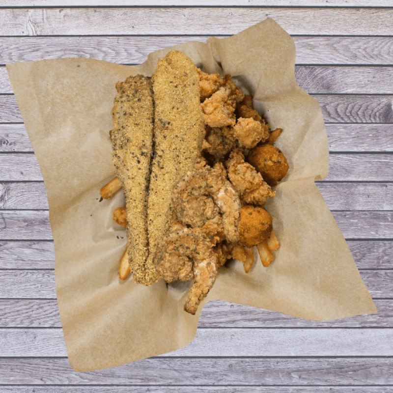 Catfish (1) Gator & Shrimp (2) Combo.