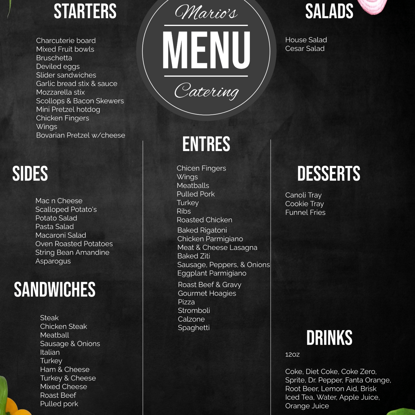 Mario's Catering Menu