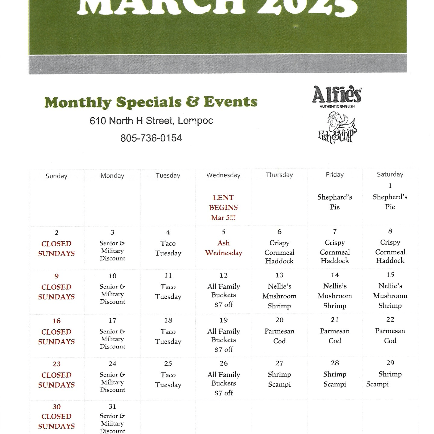 Open 11am-8pm Mon thru Saturday. CLOSED Sundays.