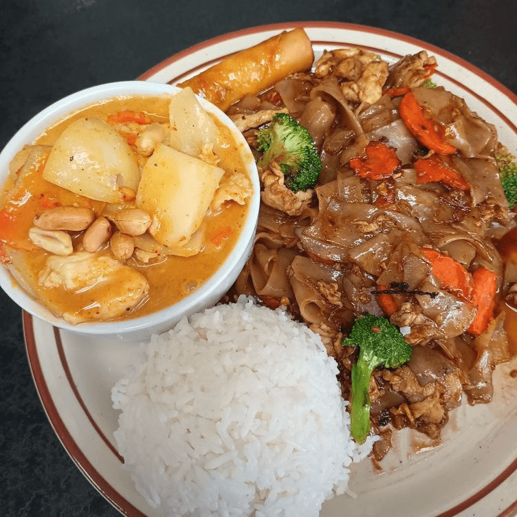 13. Chicken Pad Se-ew and Chicken Massaman Curry.
