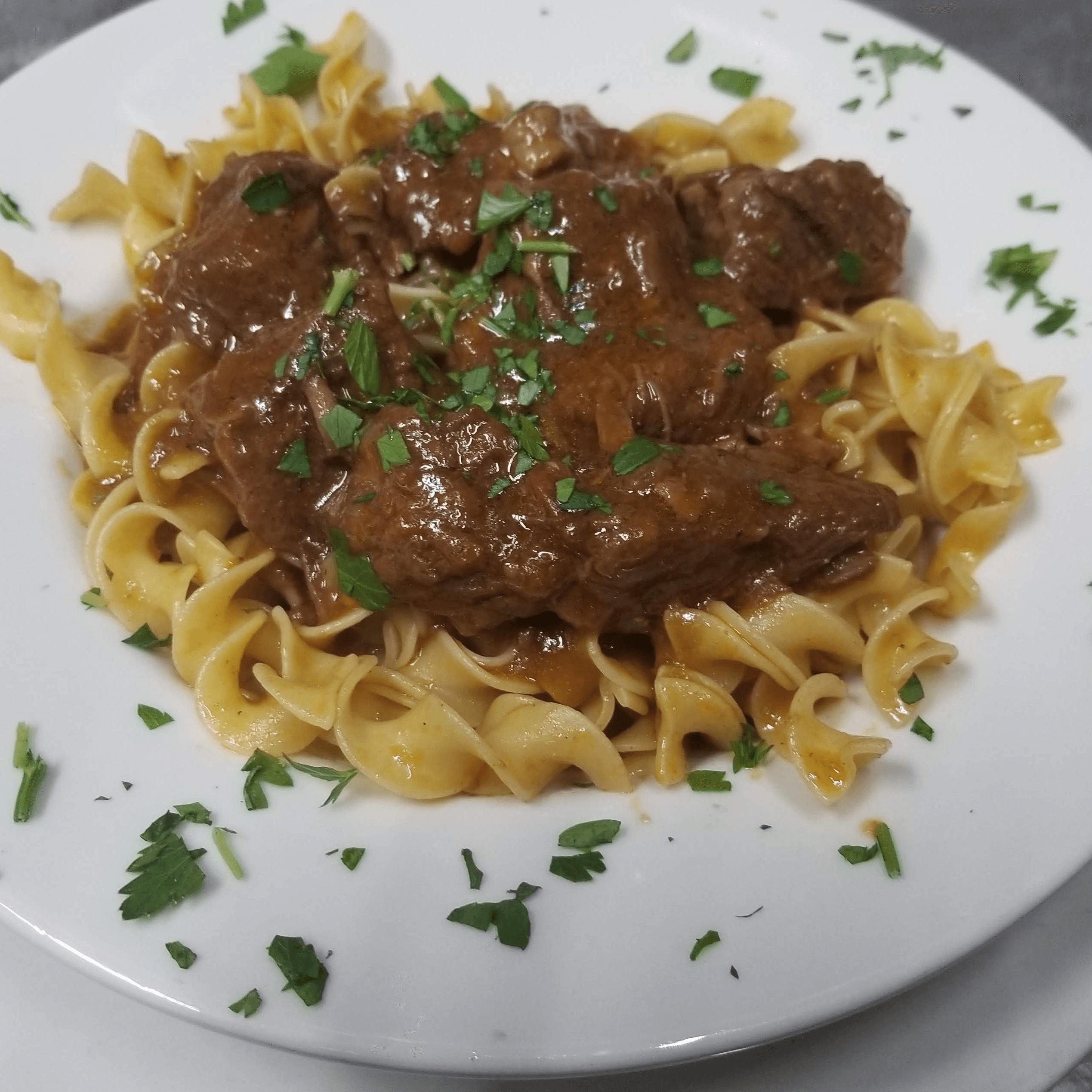 Beef Goulash Over Noodles (lunch).