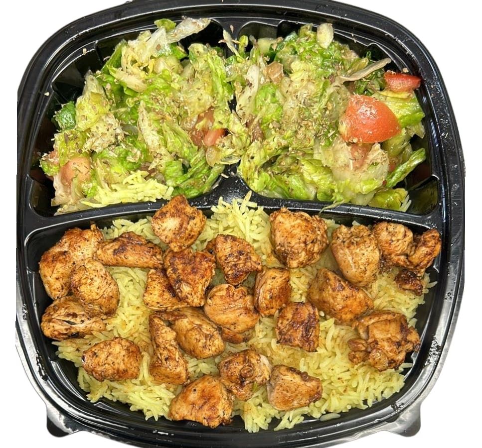 Halal Garlic & Lemon Chicken on Rice & Salad with Soda.