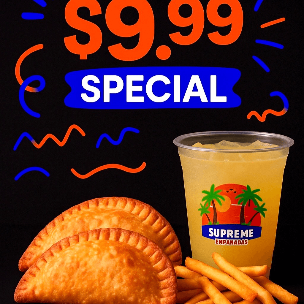 2 Empanadas Beef, Chicken or Cheese Pizza, Fries and a Lemonade.