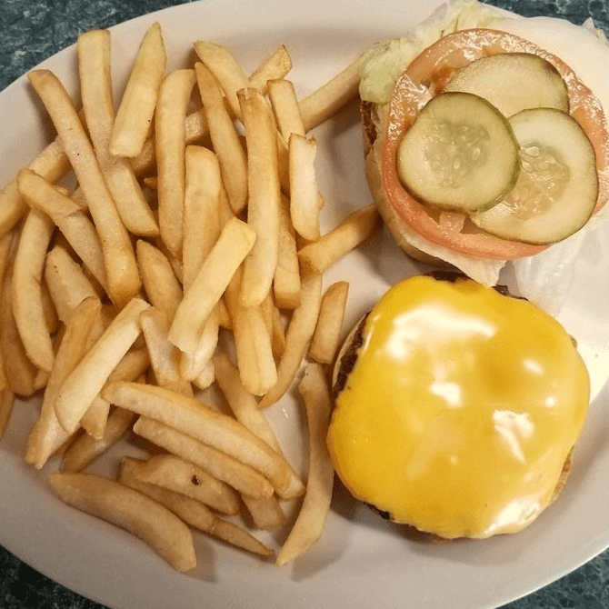Double Cheese Burger, Fries & Soft Drink.