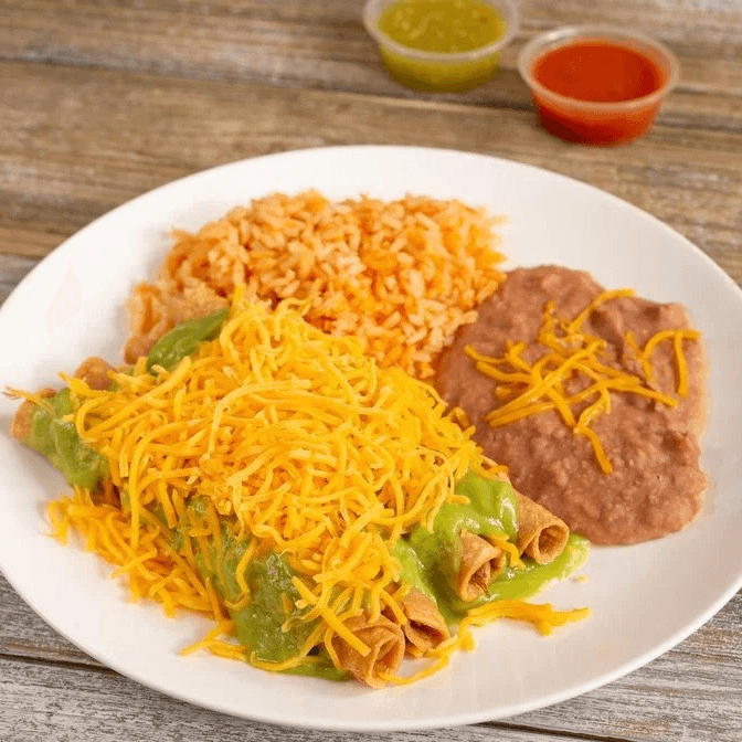 4 Rolled Tacos, Rice and Beans.