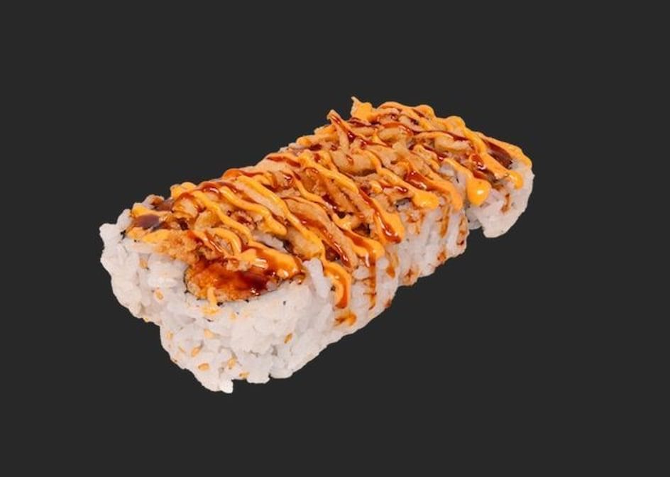 R17 Spicy Salmon Crunchy Roll/ Raw Fish.