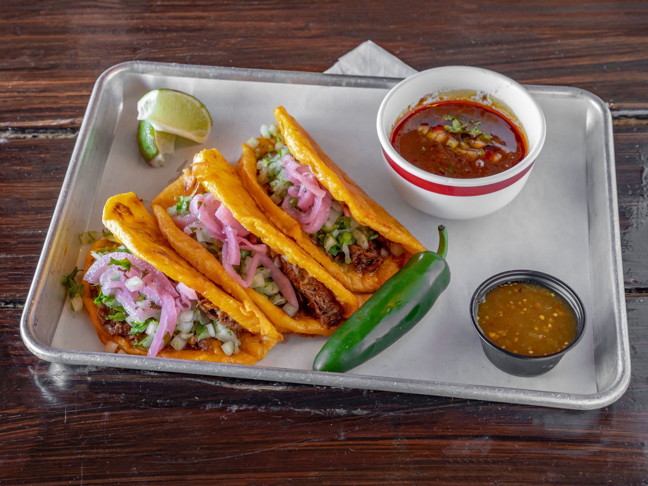 3 Queso Birria Tacos with Consome.