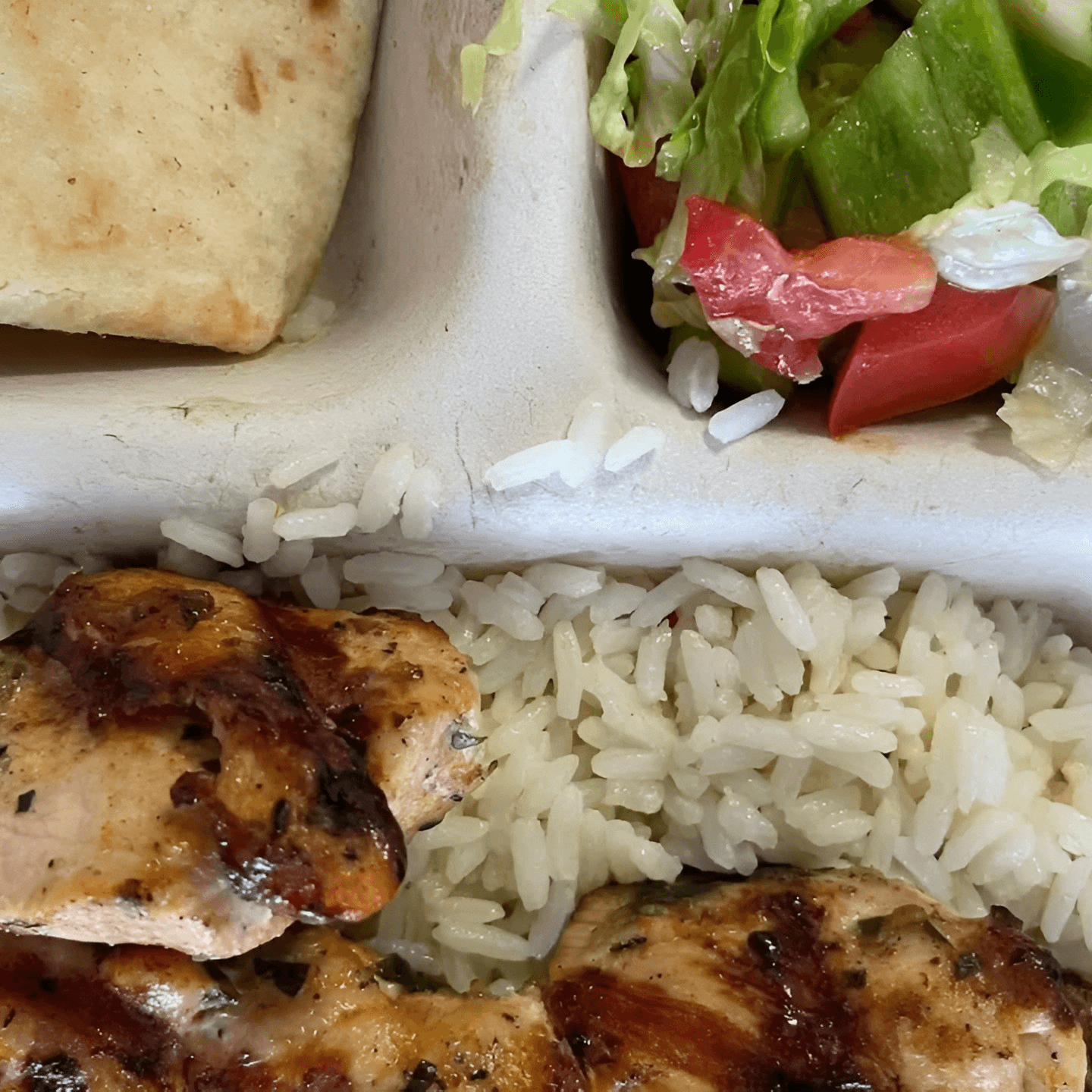 Chicken Souvlaki with Salad, Pita, and Rice