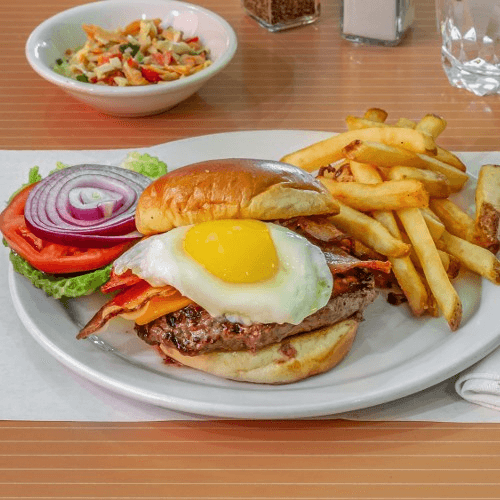 Sunny Side Burger with a Fried Egg, Bacon & Cheddar