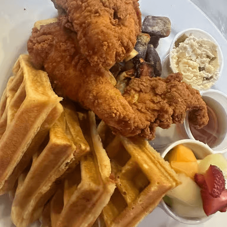 Southern fried chicken and waffles brunch.
