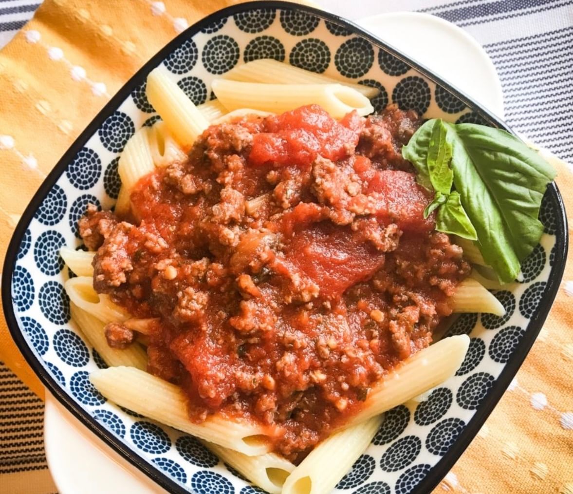 Penne Pasta With Meat Sauce.