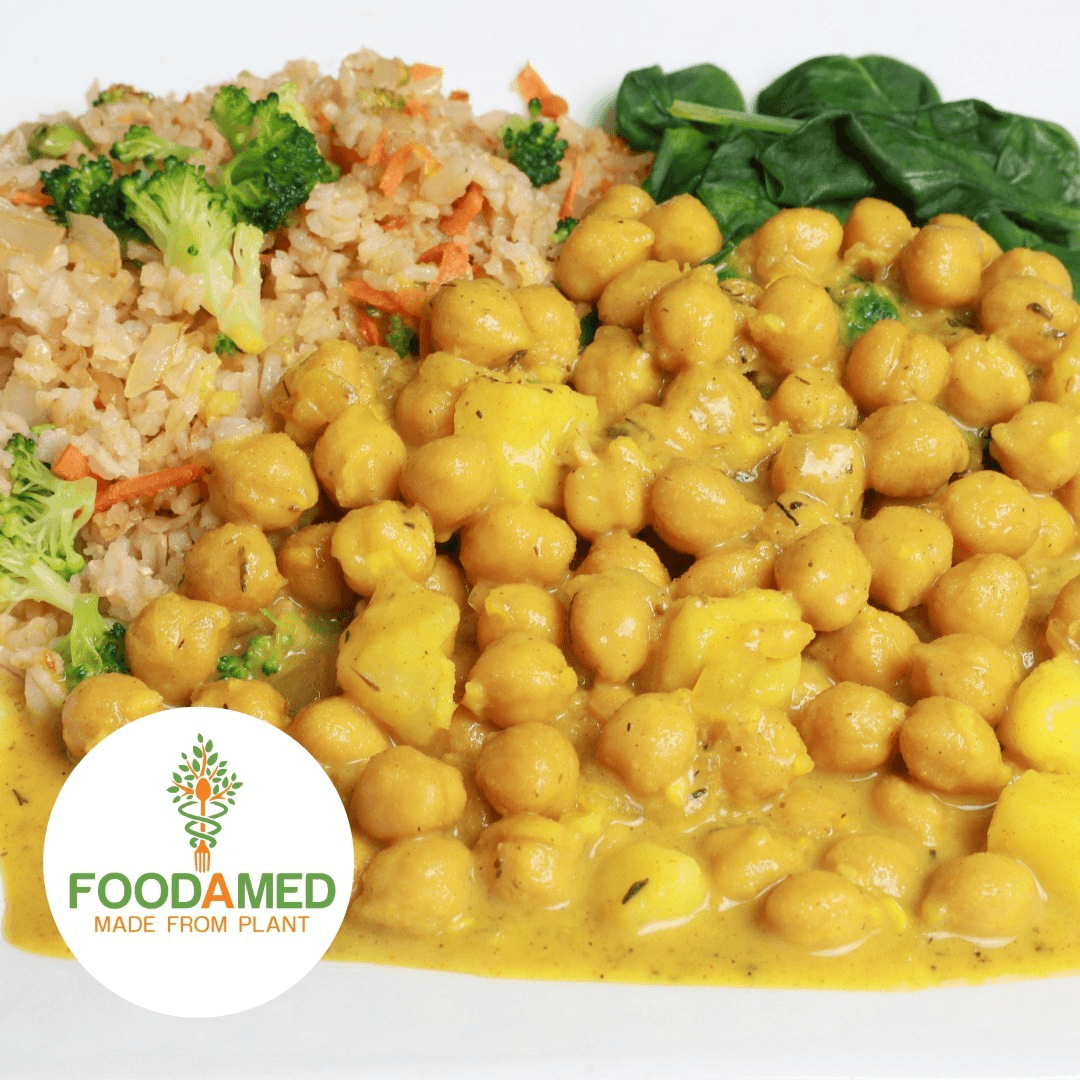 Coconut Chickpea Curry, Steamed Cauliflower Baked Sweet Potato.