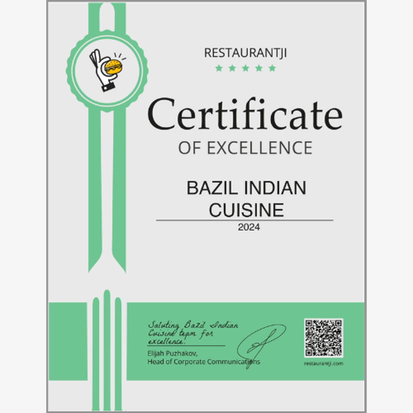 Restaurant Ji: Certificate of Excellence 2024