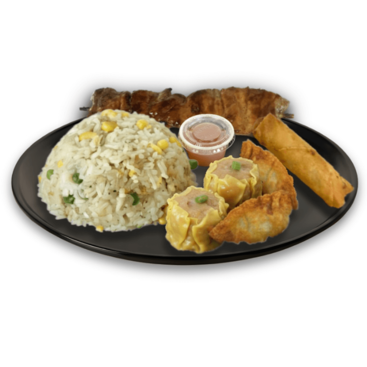 C8 - Fried Rice, 2 Pieces Dumplings, 2 pieces Siomai, 1 Piece Lumpia & 1 Stick BBQ Skewer (Pork or Chicken).