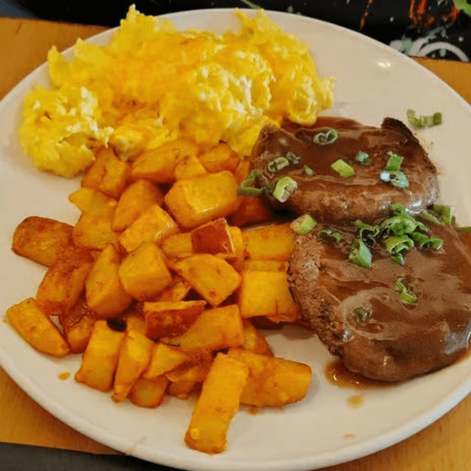 Hamburger Steak and Eggs.