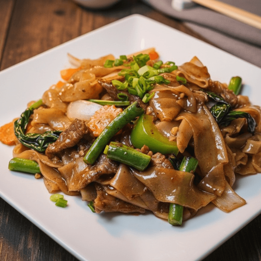 Pad Kee Mow with Crispy Pork.