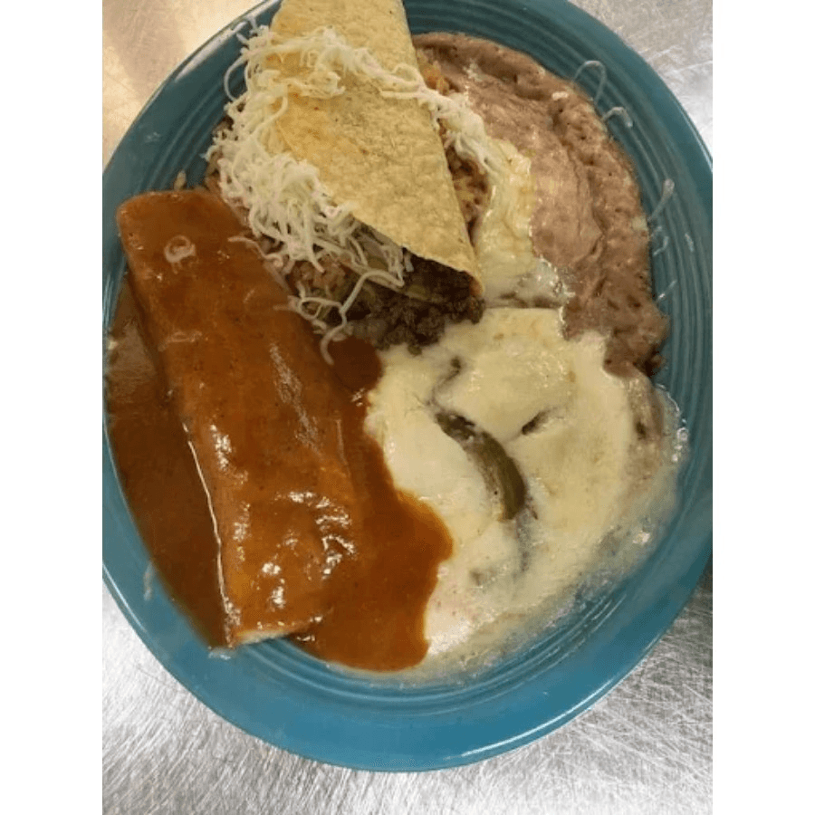 20. One Chile Relleno, One Beef Enchilada, One Beef Taco, Rice & Beans.