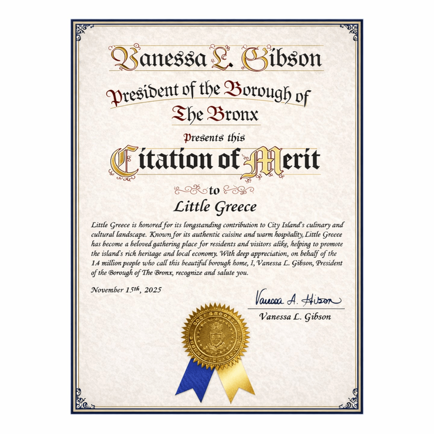 Honored by the Borough of The Bronx