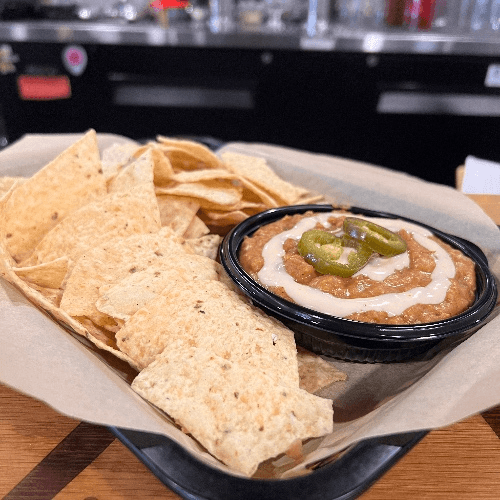 Krazy Bean Dip w Corn Tortilla Chips.