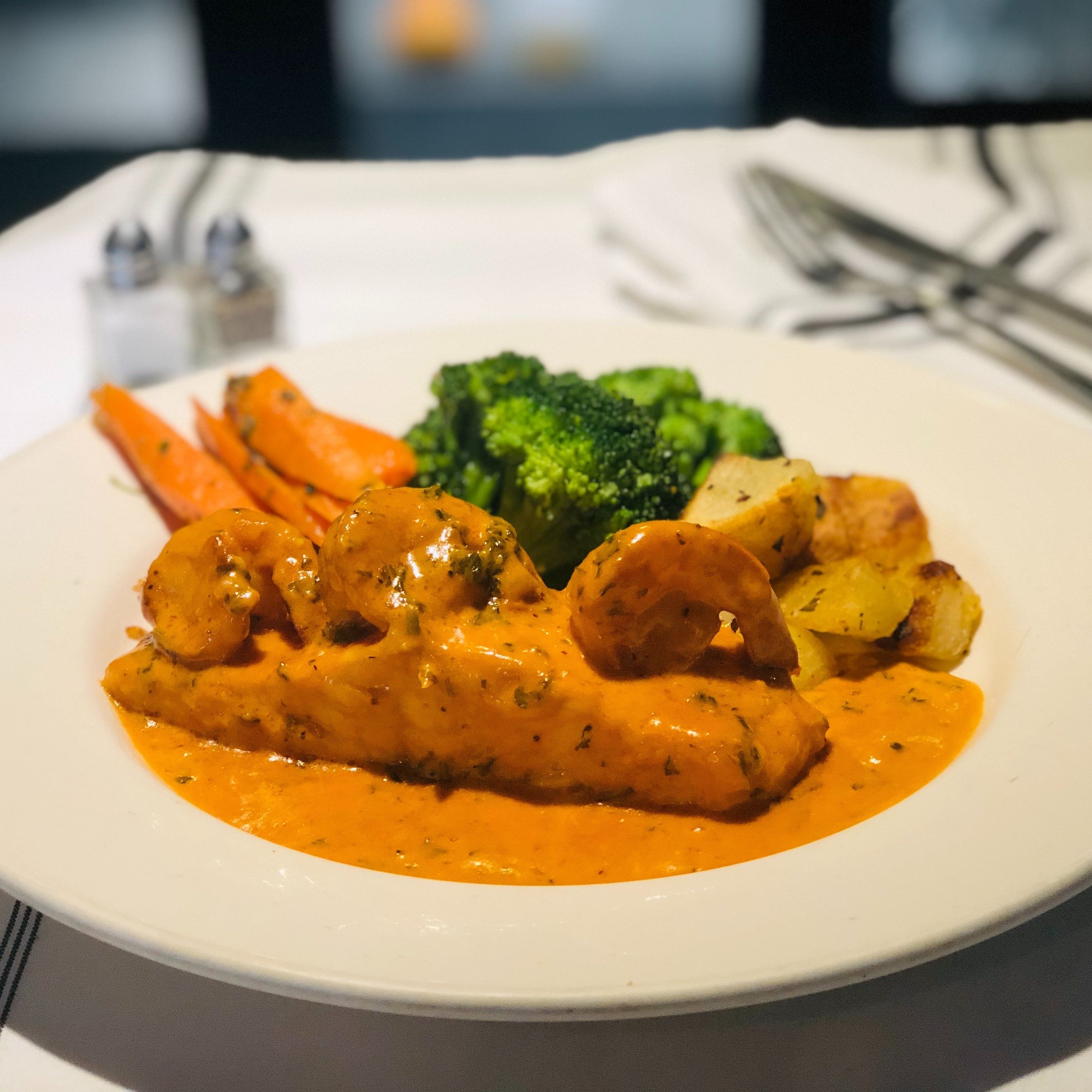 Salmon Pink Vodka with Shrimp.