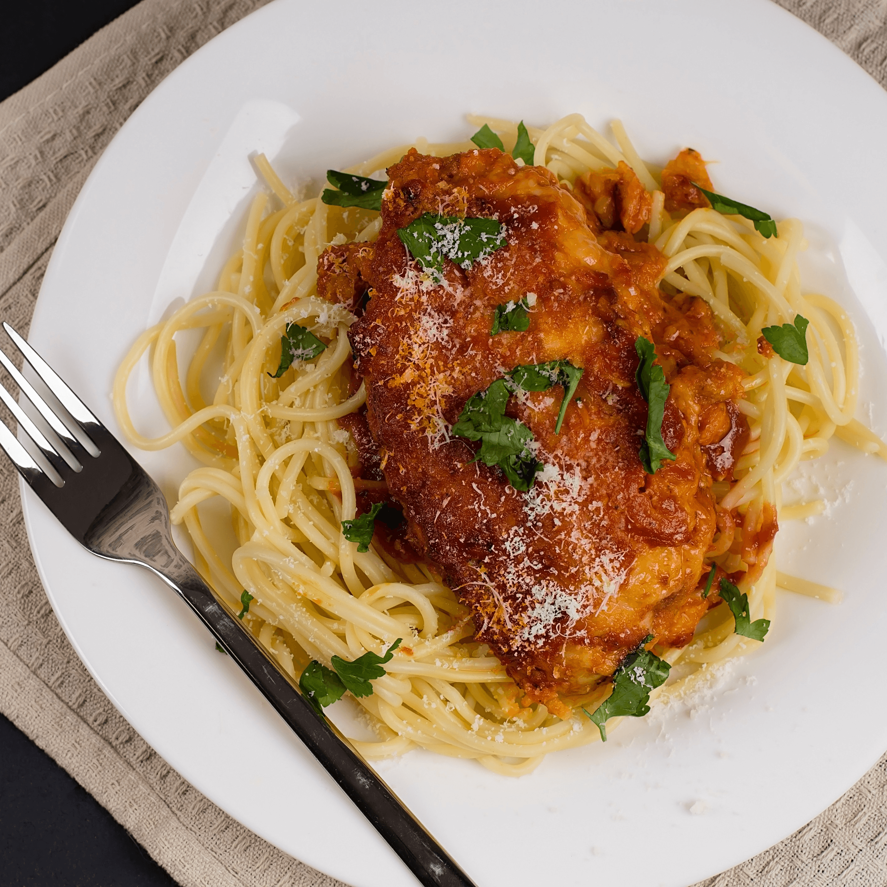 Veal Parmigiana with Spaghetti.
