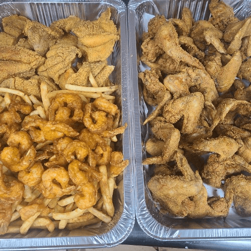20 Pieces Fish, 50 Whole Wings, 40 Large Shrimp, Family Fries & Pop.