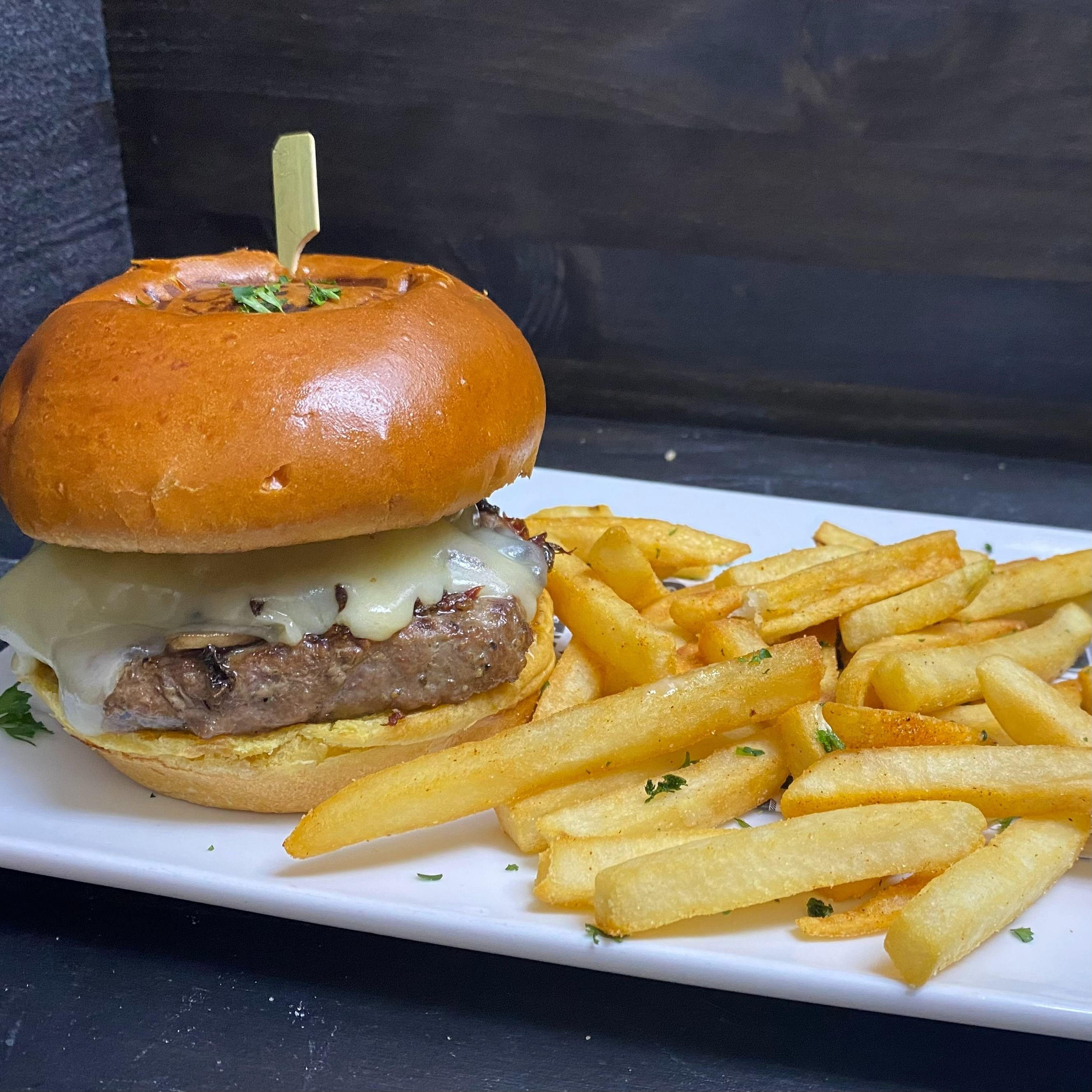 Mushrooms Swiss burger*.