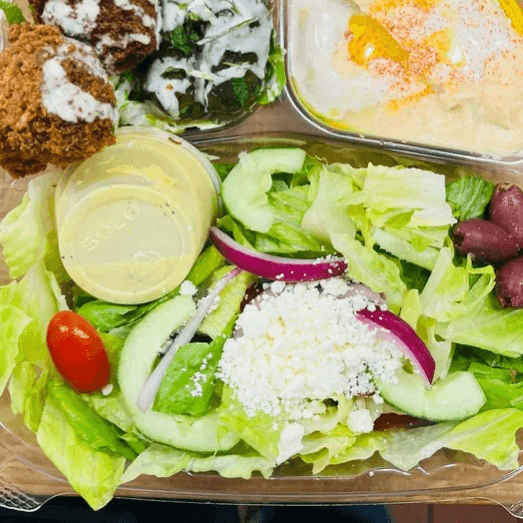 Hummus, Falafel, Grape Leaves, Salad Bowl.