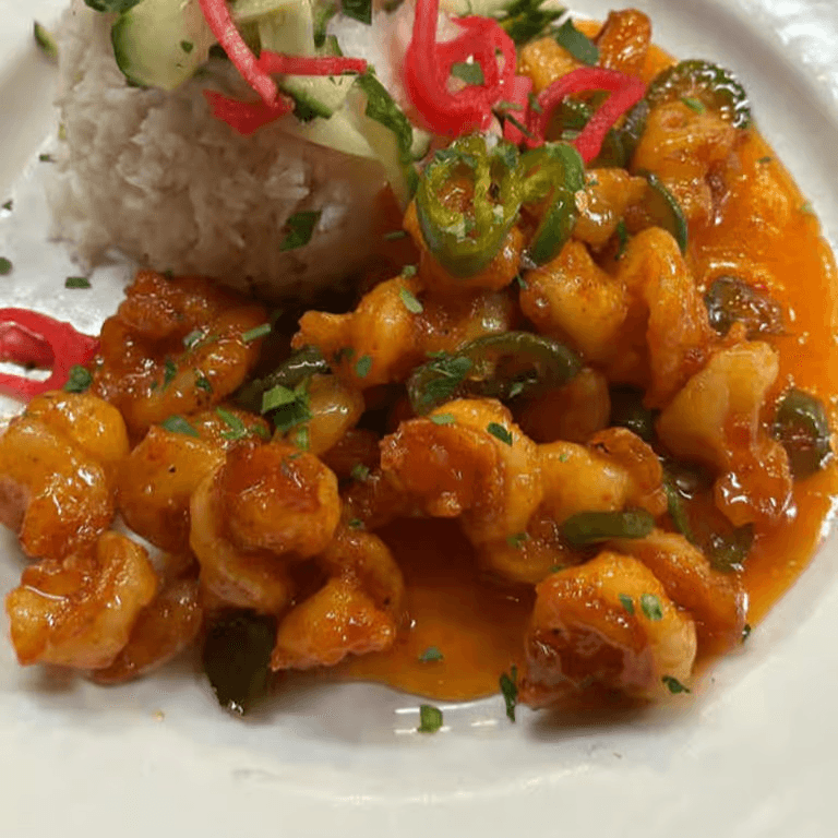 Jalapeño sweet chili prawns dinner.