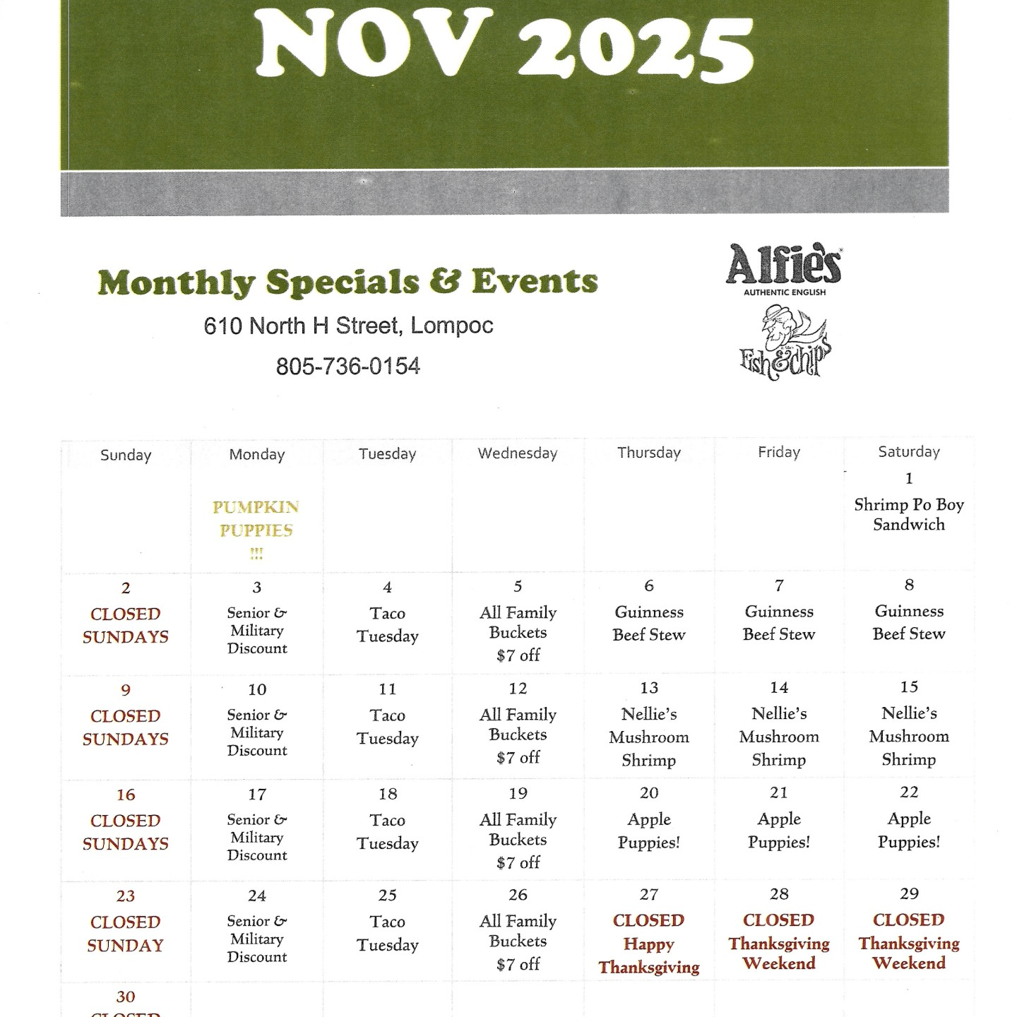 Open 11am-8pm Mon thru Saturday. CLOSED Sundays. 