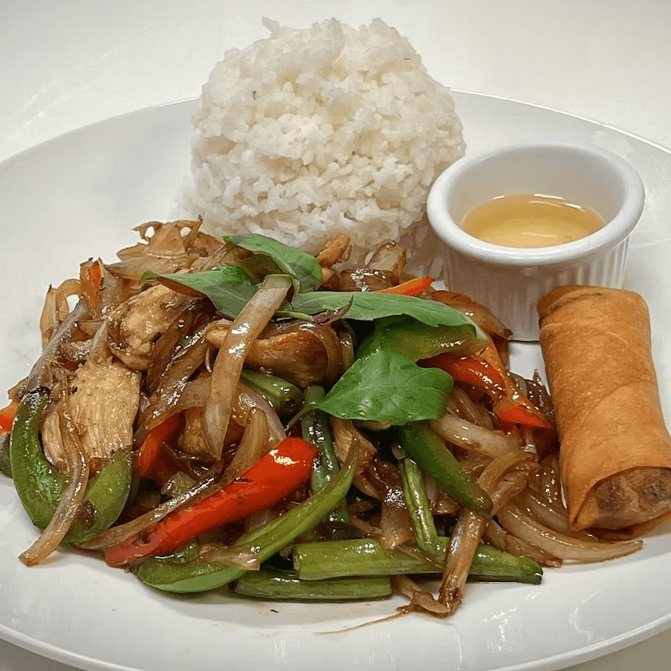 Spicy Basil Chicken, Fried Dumpling, Rice.