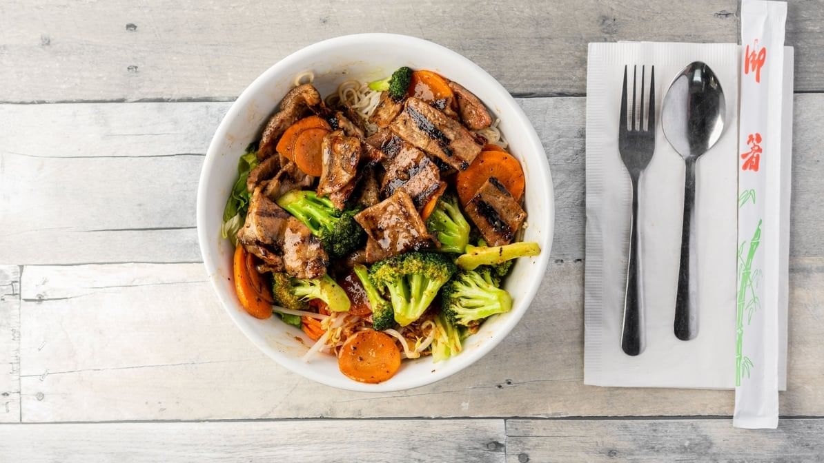 B9. Pork Stir Fry Noodle Bowl.