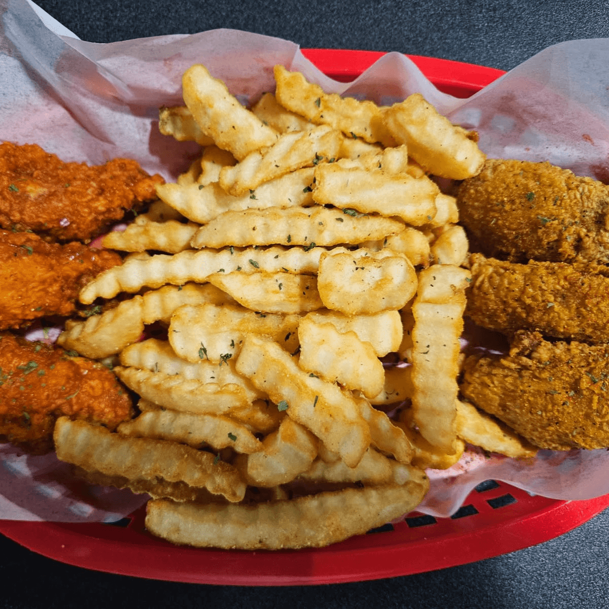 6 DRUMETTES, FRIES, ROLL, PEPPER & BOUDIN BALL.