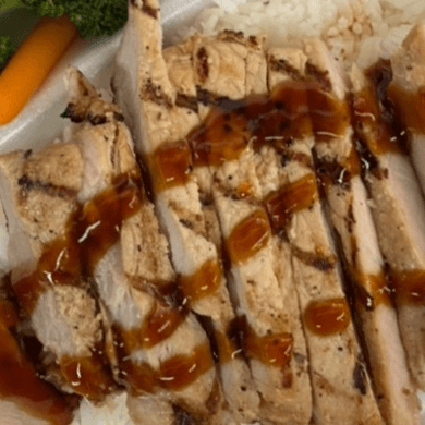 Pork teriyaki rice meal.