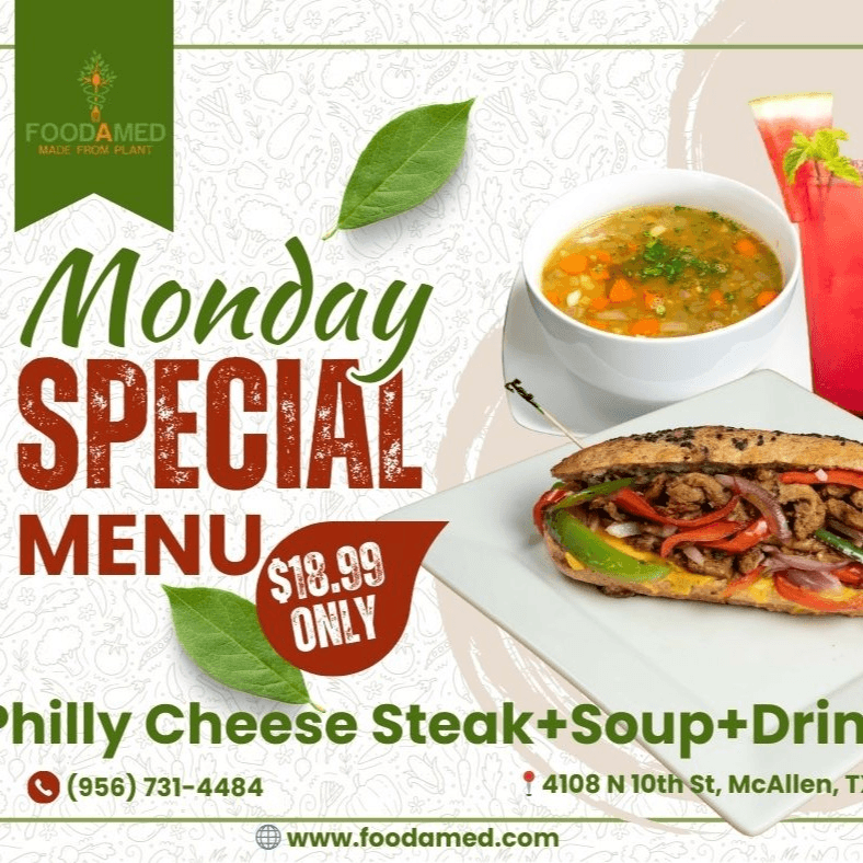 Monday - Philly Cheese Steak (6 inch) + small soup + Drink.