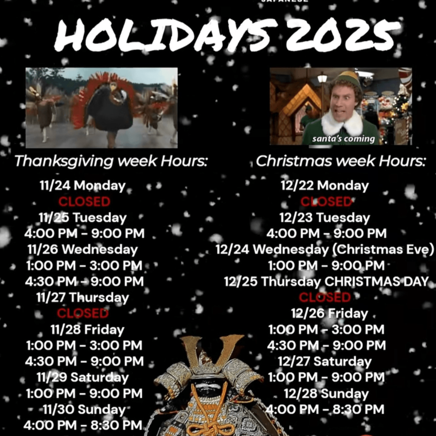 HOLIDAY 2025 HOURS!