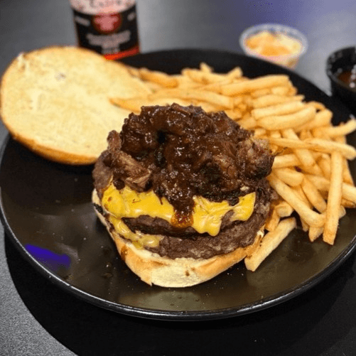 Oxtail Cheeseburger and Fries.