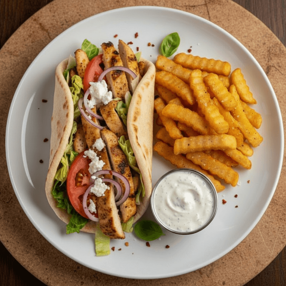 Chicken Gyro with fries.