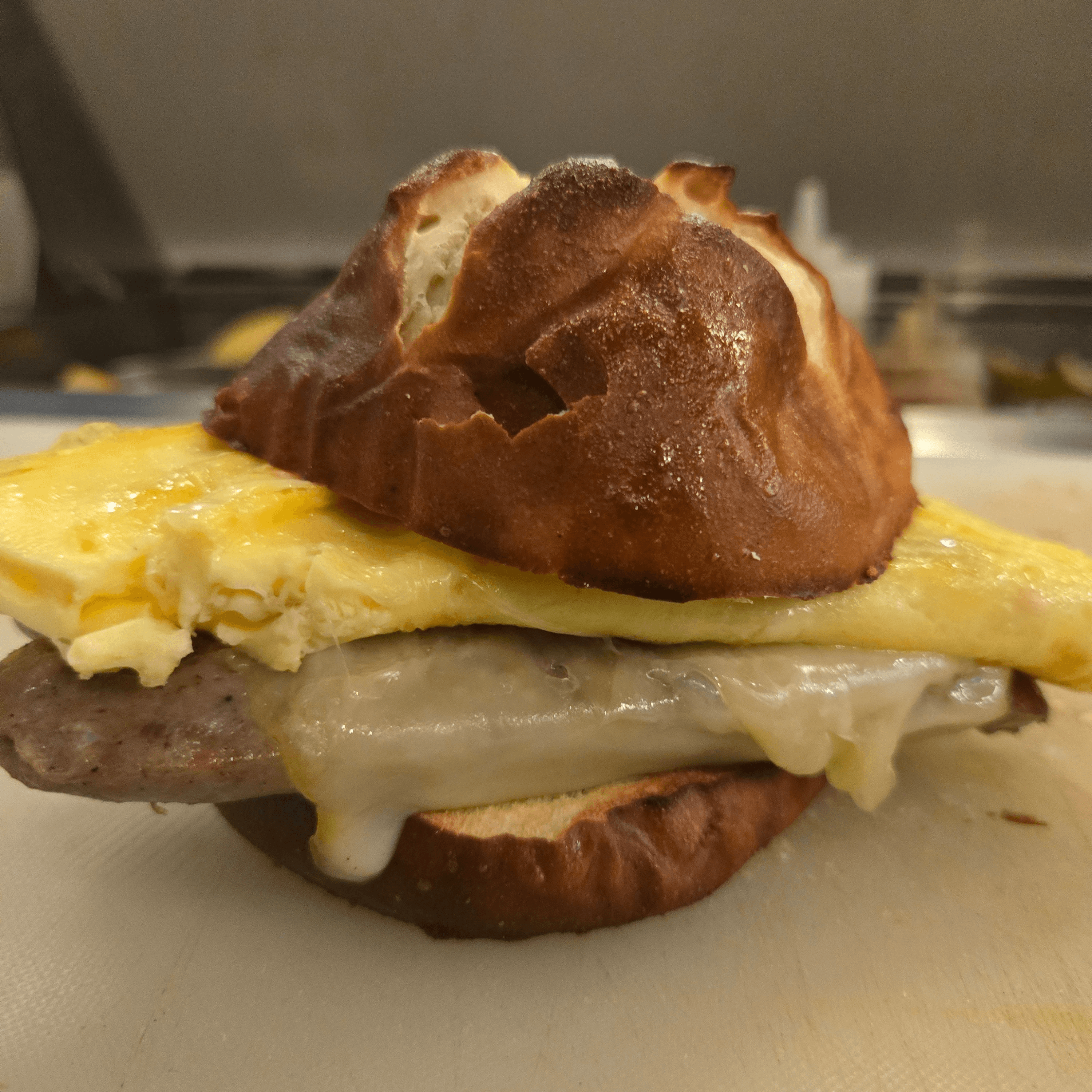 Bratwurst, egg, and cheese.