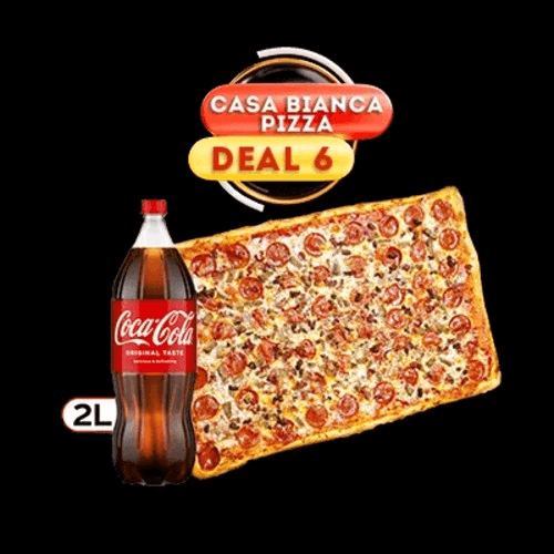 Party Size Pizza w/ 3 toppings & 2 liter Soda.