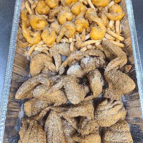 10 Pieces Fish, 15 Whole Wings, 25 Large Shrimp, Large Fries & Pop.