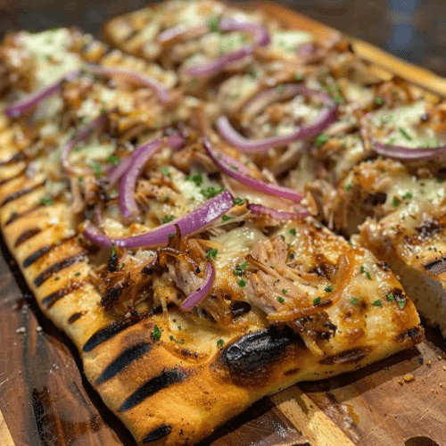 Grilled Flatbread Pulled Pork, Red Onion & Jack Cheese