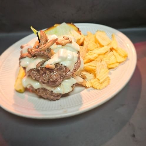 I/O Mush Swiss burger.