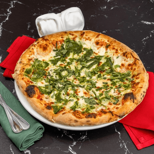 Tuscan Chicken Pesto Pizza.