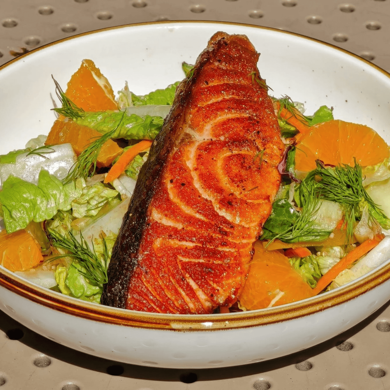 Grilled skandi salmon salad.