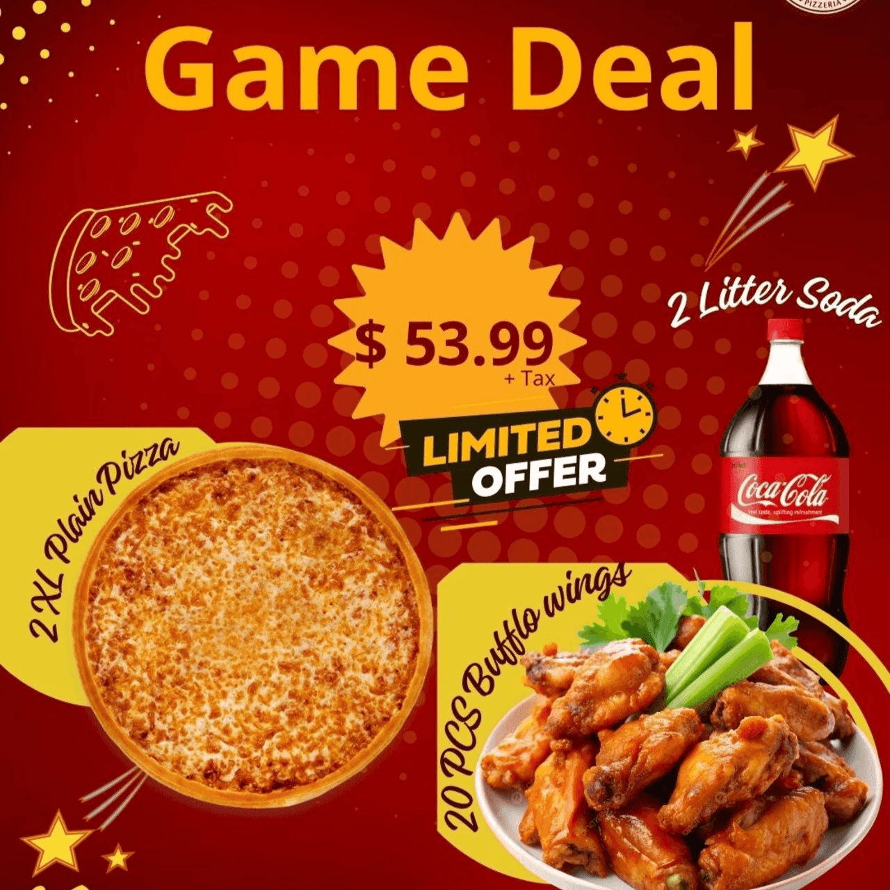 2XL Plain Pizza + 20 PCS Buffalo Wings + 2 Liter Soda.