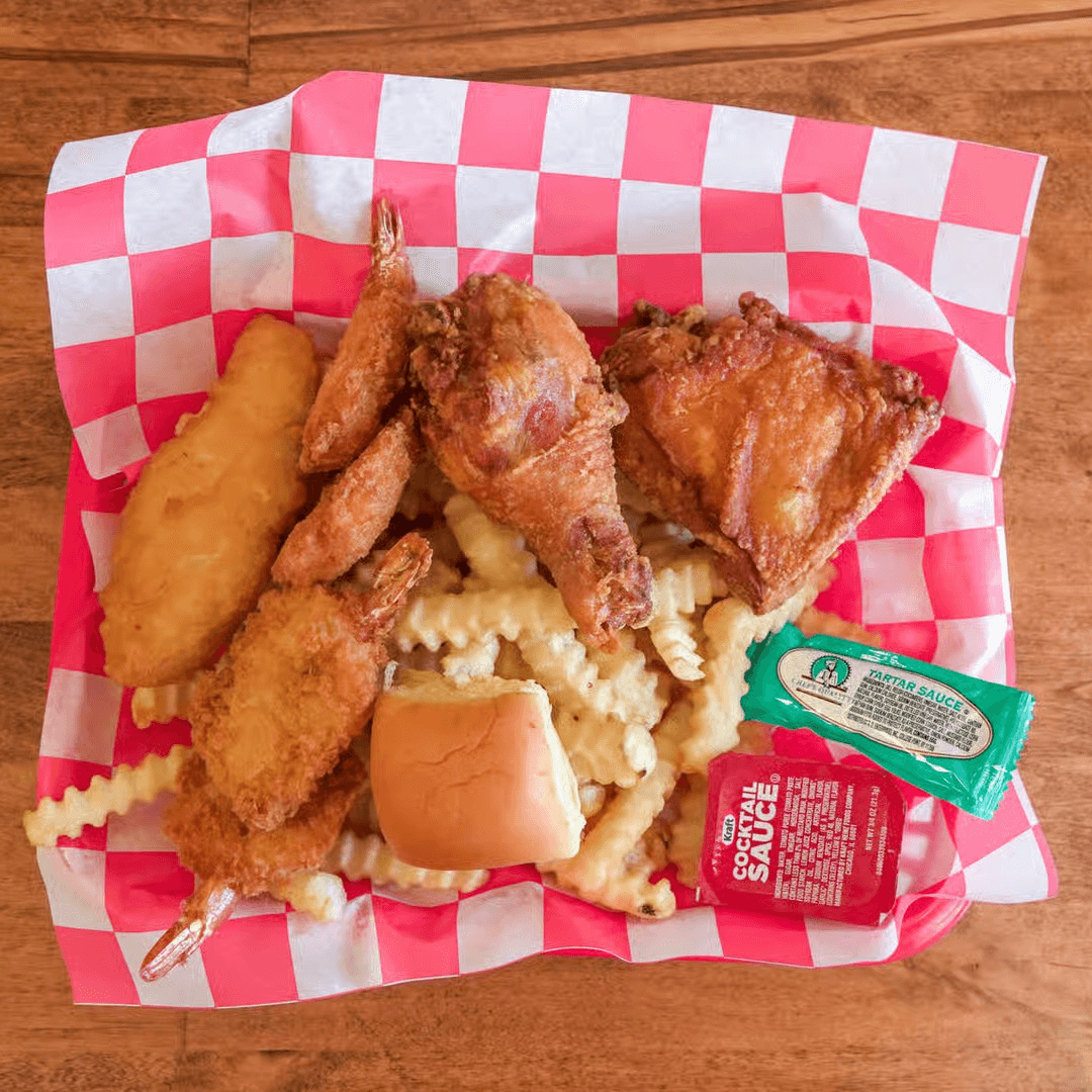 Chicken Combo Dinner 2pcs Chicken (Thigh & Leg) 4 Butterflied Shrimp 1 Pc Arthur Treacher's Fish.