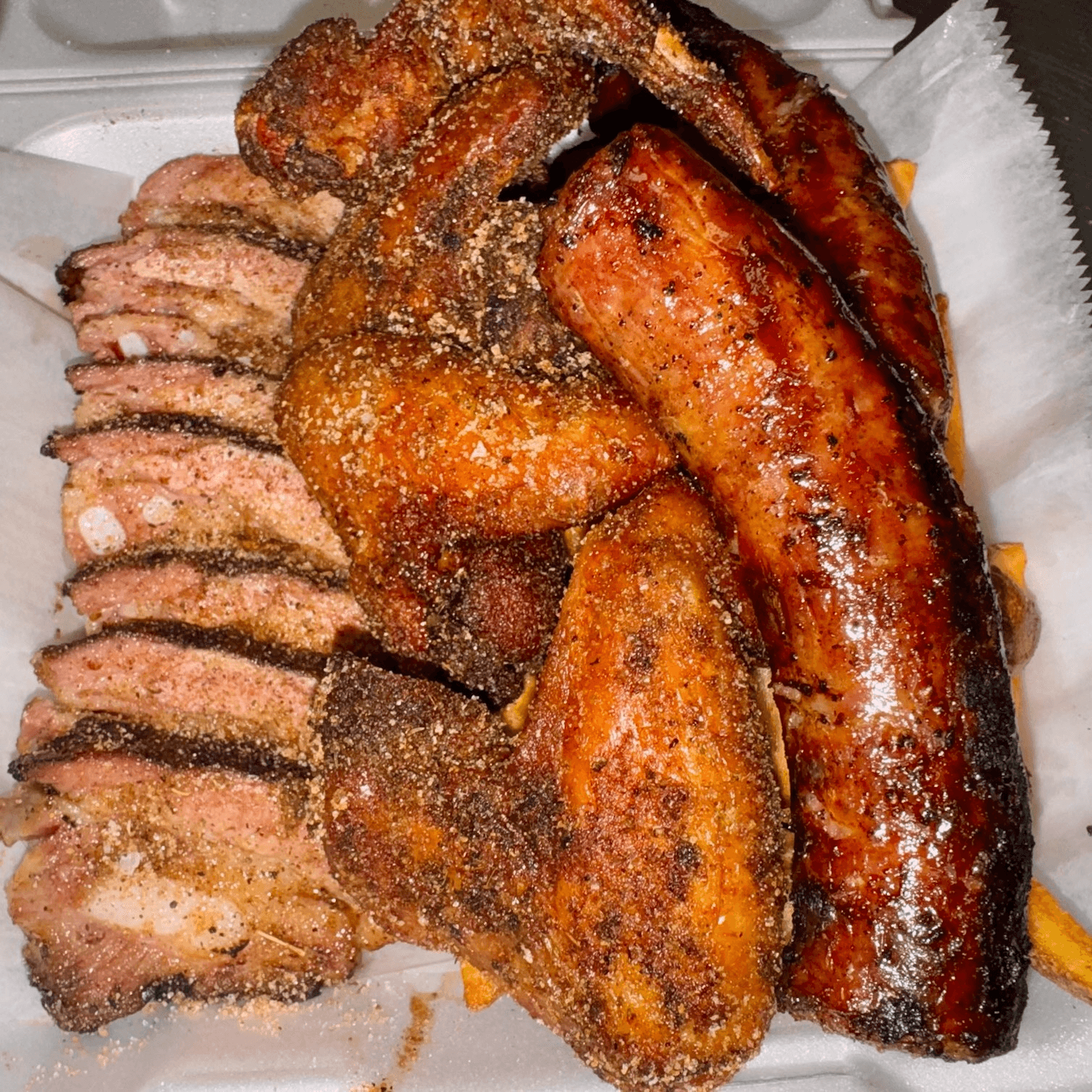 Pork Ribs Tips or Chicken Tips/Whole Wings/Pork Hot Link & Fries.